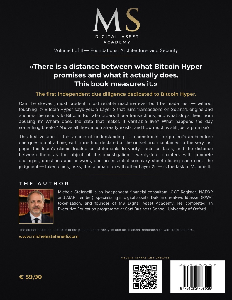 Back cover of Michele Stefanelli's book “Due Diligence of a Layer 2 – The Bitcoin Hyper Case, Volume I”